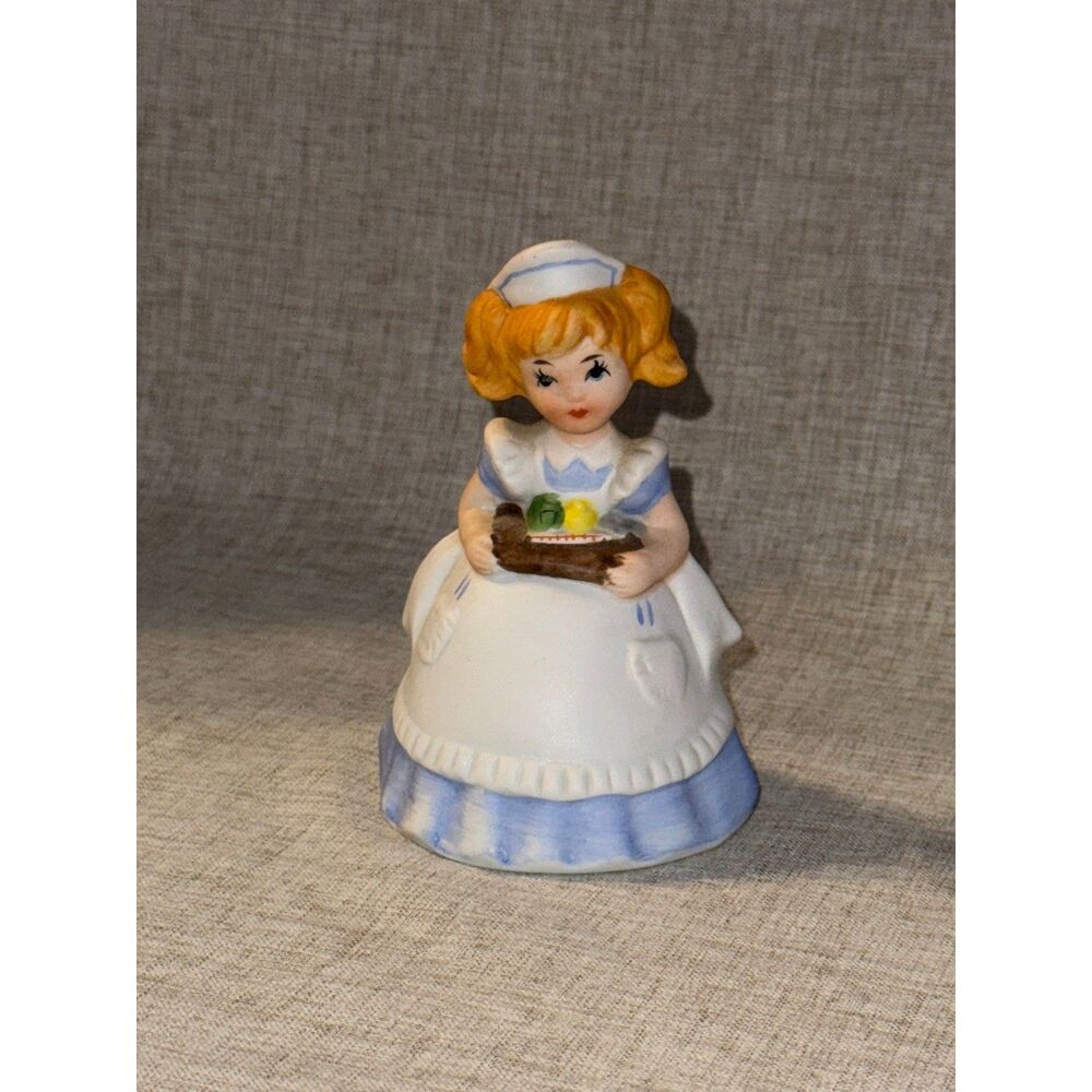 MSR Imports 1979 Bisque Ceramic Bell Nurse Holding Fruit Basket Blonde VTG